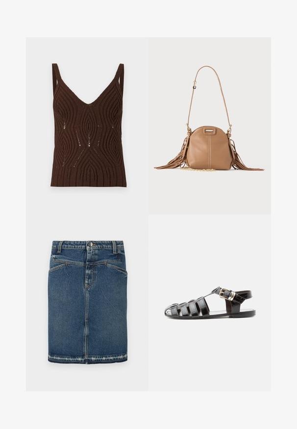 Débardeur marron texturé avec un col en V profond, présentant un motif ondulé et des détails en maille ajourée. Les bretelles sont larges, offrant une coupe décontractée.; Jupe en denim avec un délavage bleu classique, un design à cinq poches et un ourlet effiloché. Se ferme avec un bouton à l'avant et une fermeture éclair.; Sandale de pêcheur en cuir noir avec bout ouvert, multiples brides et fermeture à boucle dorée sur une semelle plate, vue de profil.; Petit sac à bandoulière en cuir fauve avec longue bandoulière, détail chaîne dorée et franges des deux côtés sur un fond neutre.