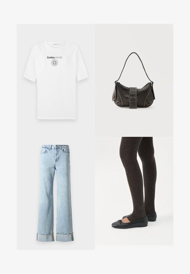 T-shirt en coton blanc avec manches courtes, col rond et un logo noir imprimé avec un graphique de soleil et le texte "Zodiacenergy".; Jeans en denim bleu clair avec des jambes larges, des ourlets effilochés et des détails décoratifs en rhinestones aux poignets. Design standard à cinq poches.; Jambes portant des leggings côtelés foncés associés à des ballerines noires avec de petits détails en nœud sur fond blanc.; Sac à épaule en cuir noir avec une sangle à boucle, des bords arrondis et des coutures blanches contrastées sur un fond uni.