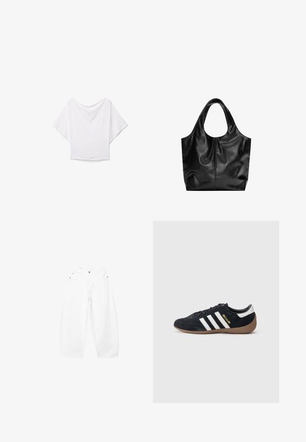 Haut court blanc à coupe large et décontractée, fabriqué en tissu doux. Présente un col rond et des manches courtes chauve-souris. Texture lisse.; Jean en denim blanc coupe ample avec fermeture par bouton et zip, passants de ceinture et poches avant, présenté sur un fond uni.; Baskets en daim noir avec trois bandes blanches, semelle en caoutchouc beige, et un petit logo doré sur le côté. Dotées d'une doublure intérieure noire lisse.; Sac fourre-tout en cuir noir avec une texture lisse, un haut arrondi doux et de larges poignées. Présente une couture minimale et une silhouette décontractée.