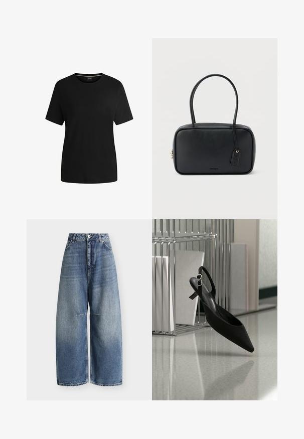 Camiseta negra de manga corta hecha de suave algodón, con cuello redondo y una textura lisa. Diseño simple sin patrones ni acentos.; Vaqueros de denim azul de talle alto y pierna ancha con bolsillos delanteros, trabillas para cinturón y cierre de botón sobre fondo blanco.; Zapato negro de tacón bajo tipo kitten con punta puntiaguda y slingback, levitando cerca de un organizador metálico de archivos sobre un suelo reflectante.; Bolso rectangular negro con asas dobles redondeadas, cremallera dorada y logo "HUGO" en relieve en el frente con etiqueta de cuero adjunta.