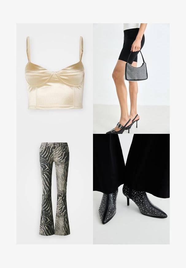 Satinový crop top v svetlej zlatej farbe s tenkými ramienkami, s širokým pásom, štruktúrovanými košíkmi a bezšvovým dizajnom pre hladký vzhľad.; Rozšírené džínsy v čierno-bežovom zebrovom vzore, vyrobené z denimu, s dizajnom piatich vreciek a viditeľnými švami.; Čierne členková obuv s špičatou špičkou, zdobené striebornými cvočkami a vysokým stiletto opätkom. Zips na zadnej strane.; Čierna korálková kabelka s zakriveným siluetom, nosnou rukoväťou a lesklou textúrou. Nosená s vysokými čiernymi topánkami na opätku a priliehavými čiernymi šortkami.