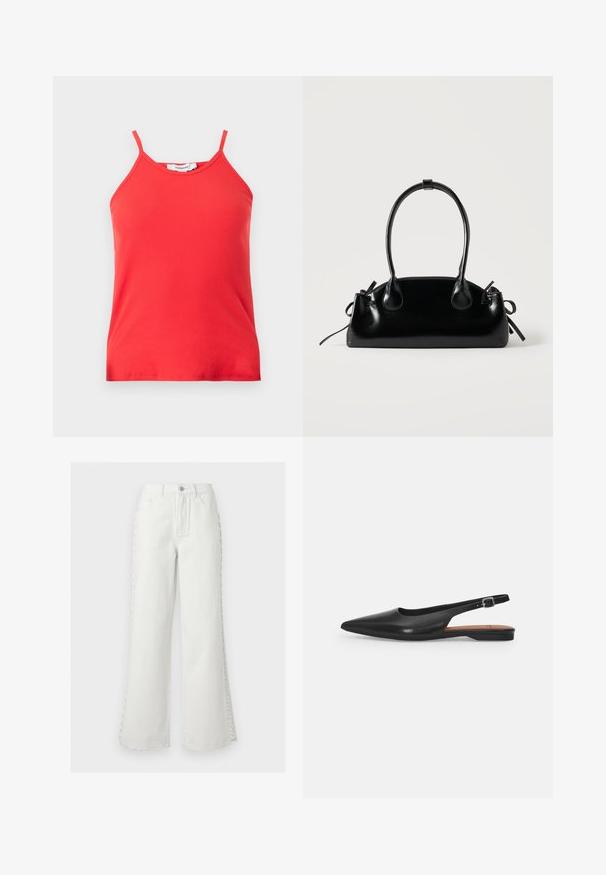 Débardeur rouge côtelé sans manches avec fines bretelles et col rond, label Topshop.; Jeans blancs taille haute à jambes larges avec poches avant, passants pour ceinture, fermeture par bouton, et détail décoratif de laçage sur les côtés des deux jambes.; Chaussure slingback en cuir noir avec un bout pointu, un léger éclat et une bride de cheville réglable. Talon plat avec une semelle intérieure marron.; Petit sac à main noir brillant avec deux longues anses et des détails à cordon sur les côtés sur un fond clair uni.