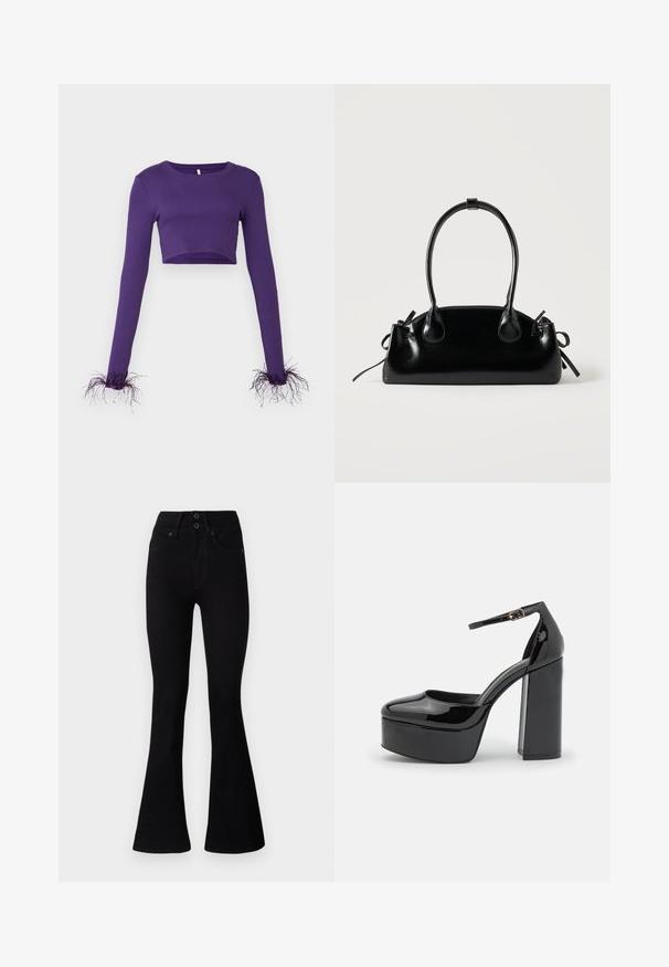Haut court à manches longues violet en tissu côtelé, avec des accents transparents et effilochés aux poignets pour un effet de texture supplémentaire.; Pepe Jeans FLARE CONTOUR - Jean flare - black denim; Madden Girl DION - Escarpins à plateforme - black; Petit sac à main noir brillant avec deux longues anses et des détails à cordon sur les côtés sur un fond clair uni.