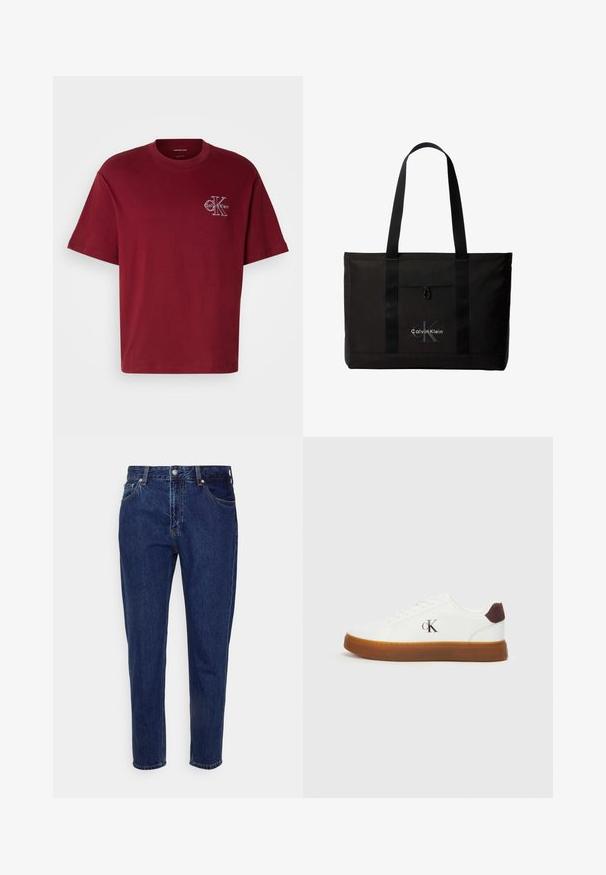 Mørkerød bomulds t-shirt med afslappet pasform, korte ærmer og et frontlogo i hvid. Har rund halsudskæring og glat tekstur.; Mørkeblå straight-leg cowboybukser med forreste knap- og lynlås-lukning, bæltestropper samt for- og baglommer.; Hvide sneakers med en gummisål, flade snørebånd og en hæl-accent i brunt ruskind. Har et subtilt præget "cK" logo på siden.; Sort Calvin Klein tote taske med to lange håndtag og lomme foran, med mærkets logo i hvid og grå.