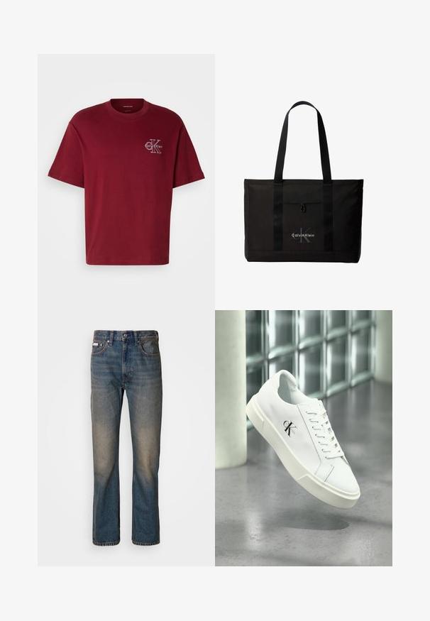 Bordeauxfarbendes Baumwoll-T-Shirt mit einer lockeren Passform, kurzen Ärmeln und einem weißen Logo-Detail auf der Vorderseite. Verfügt über einen Rundhalsausschnitt und eine glatte Textur.; Hoch geschnittene blaue Jeans aus Denim mit geradem Bein, verwaschenen, distressierten Stellen und traditionellem Fünf-Taschen-Stil.; Weißer Calvin Klein Sneaker mit Schnürsenkeln, schwebend über einem polierten Betonboden und einer Glasbausteinwand im Hintergrund dargestellt.; Schwarze Calvin Klein Tote-Tasche mit zwei langen Griffen und Fronttasche, mit dem Markenlogo in Weiß und Grau.