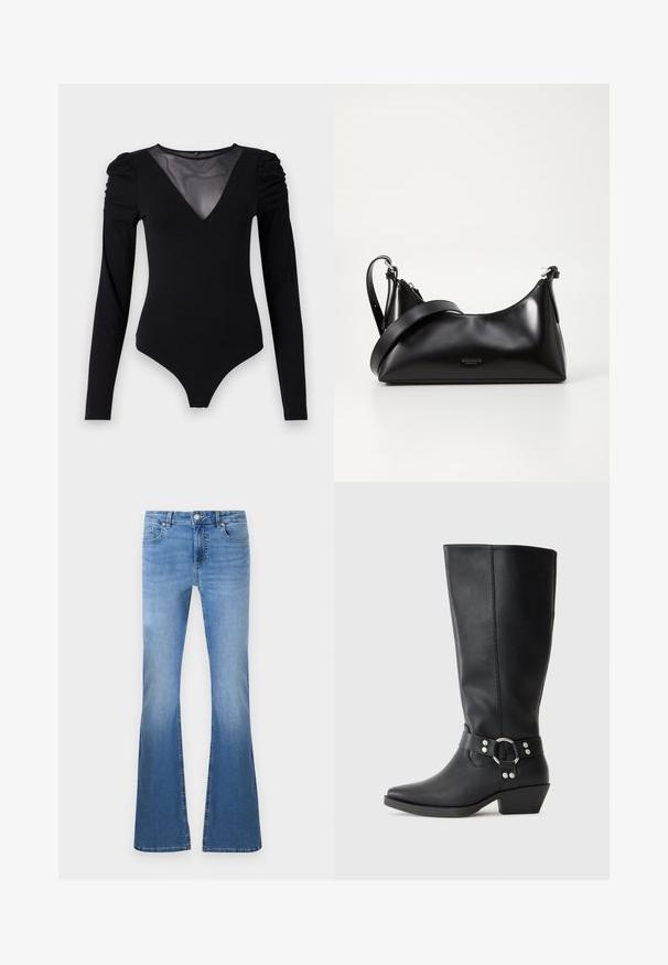 Sort bodysuit med lange ærmer, der har en mesh V-halsudskæring og samlet skulderdetalje. Glat stof med en tætsiddende form.; Lysblå, flagrende jeans med en falmet finish, der har en frontknap og lynlås lukning, fem-lomme design og synlige syningsdetaljer.; Sorte læderknæhøje støvler med spids tå, der har en dekorativ ankelrem og sølvfarvede hardware-detaljer. Lav stablet hæl.; Sort læderhåndtaske med en glat tekstur. Har en justerbar stropp og et enkelt, minimalistisk design med lynlås.