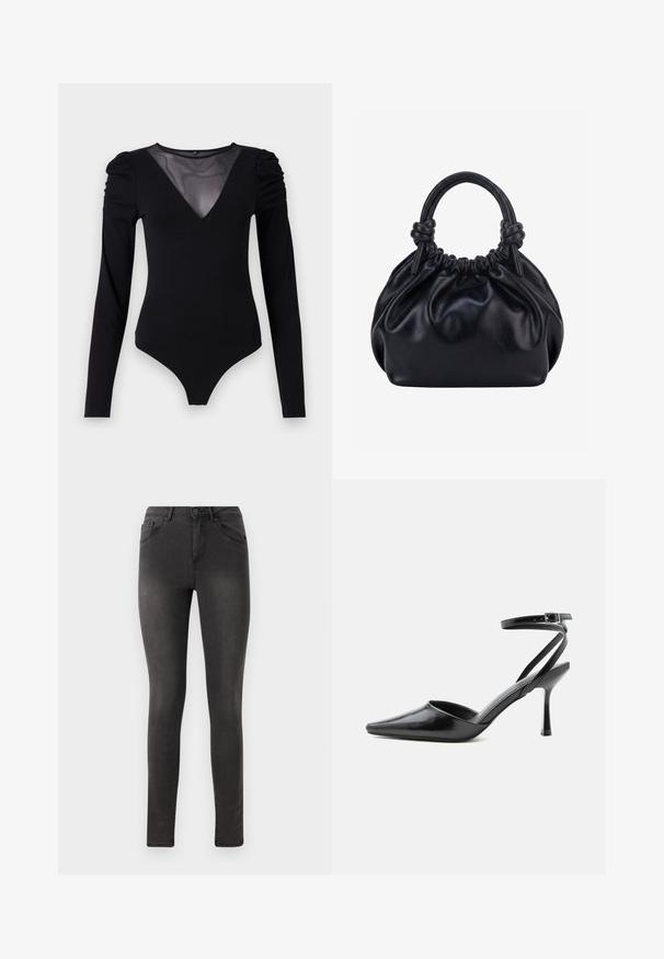 Μαύρο bodysuit με μακριά μανίκια, που διαθέτει mesh V-λαιμόκοψη και συγκεντρωμένη λεπτομέρεια στον ώμο. Λείο ύφασμα με εφαρμοστή γραμμή.; Μαύρο στενό τζιν παντελόνι με λεία υφή τζιν, σχέδιο με πέντε τσέπες και κλείσιμο με μεταλλικό κουμπί στη μέση.; Μαύρη γόβα μυτερή με λεπτά λουράκια στον αστράγαλο και ασημένια πόρπη σε απλό ανοιχτό φόντο.; Μαύρη μαλακή δερμάτινη τσάντα χειρός με πλεκτό πάνω μέρος και δύο χοντρές λαβές δεμένες κόμπους σε απλό ανοιχτό φόντο.