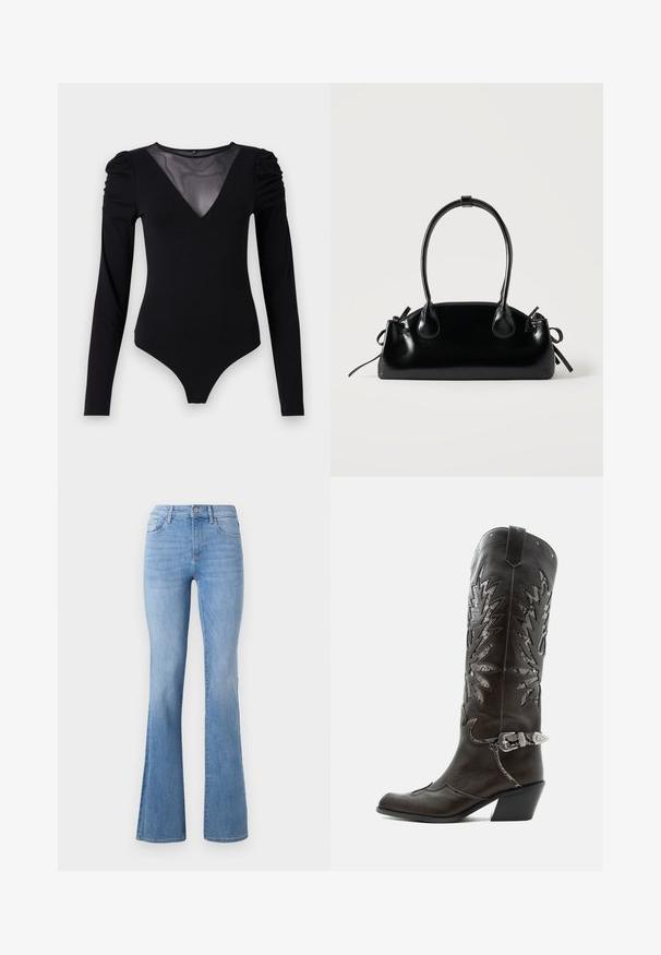Sort bodysuit med lange ærmer, der har en mesh V-halsudskæring og samlet skulderdetalje. Glat stof med en tætsiddende form.; Lysblå flagrende jeans med mellemhøj talje, klassisk fem-lomme design og subtil fading langs benene. Denim stoftekstur.; Sort læder cowboystøvle med dekorative udskæringer, sølvspænde og skrå hæl, vist på hvid baggrund.; Lille sort blank håndtaske med to lange håndtag og snøre-detaljer i siden på en ensfarvet lys baggrund.