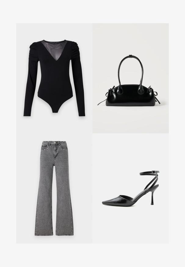 Sort bodysuit med lange ærmer, der har en mesh V-halsudskæring og samlet skulderdetalje. Glat stof med en tætsiddende form.; Bredde ben jeans i grå denim med høj talje, frontlommer og dekorative nitter langs sidesømmene. Glat tekstur.; Sort spids højhælet sko med tynde ankelremme og sølvspænde på en ensfarvet lys baggrund.; Lille sort blank håndtaske med to lange håndtag og snøre-detaljer i siden på en ensfarvet lys baggrund.