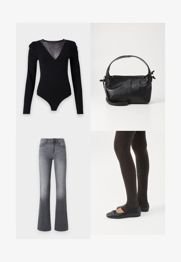 Sort bodysuit med lange ærmer, der har en mesh V-halsudskæring og samlet skulderdetalje. Glat stof med en tætsiddende form.; Højtaljede, brede jeans i mørkegråt denim med forlommer, knaplukning og subtilt falmede effekter mod kanten.; Ben iført mørke ribbede leggings kombineret med sorte balletsko med små sløjfedetaljer på hvid baggrund.; Sort læderhåndtaske med et struktureret design, rund tophåndtag og aftagelig skulderrem. Den har en glat tekstur og en subtil glans.