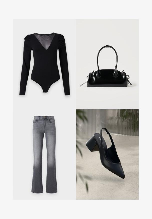 Sort bodysuit med lange ærmer, der har en mesh V-halsudskæring og samlet skulderdetalje. Glat stof med en tætsiddende form.; Højtaljede, brede jeans i mørkegråt denim med forlommer, knaplukning og subtilt falmede effekter mod kanten.; Sort læder slingback hæl med spids tå og blokhæl. Glat tekstur, minimalistisk design og justerbar ankelrem.; Lille sort blank håndtaske med to lange håndtag og snøre-detaljer i siden på en ensfarvet lys baggrund.