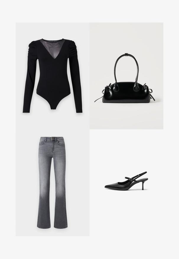 Sort bodysuit med lange ærmer, der har en mesh V-halsudskæring og samlet skulderdetalje. Glat stof med en tætsiddende form.; Højtaljede, brede jeans i mørkegråt denim med forlommer, knaplukning og subtilt falmede effekter mod kanten.; Sorte læder slingback hæle med spids tå, slank justerbar rem og en stiletto hæl på cirka 5 cm, glat tekstur.; Lille sort blank håndtaske med to lange håndtag og snøre-detaljer i siden på en ensfarvet lys baggrund.