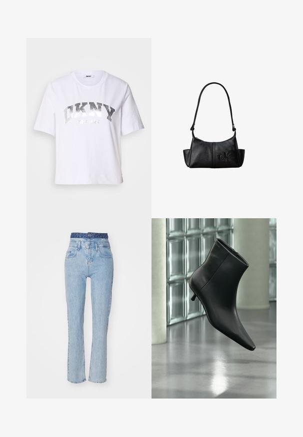 Camiseta corta blanca de algodón, con un estampado metálico plateado que dice "DKNY" y "New York" en letras grandes y en negrita.; Jeans de mezclilla azul claro con una cintura alta, piernas ligeramente acampanadas y una cinturilla de patrones azules. Presenta bolsillos frontales y un cierre de botón.; Botín negro de cuero con punta puntiaguda y tacón bajo estilo kitten, mostrado en ángulo sobre un suelo pulido y con una pared de bloques de vidrio de fondo.; Bolso de hombro de cuero negro con correa larga, bolsillos laterales y logo de Calvin Klein en relieve en la parte delantera.