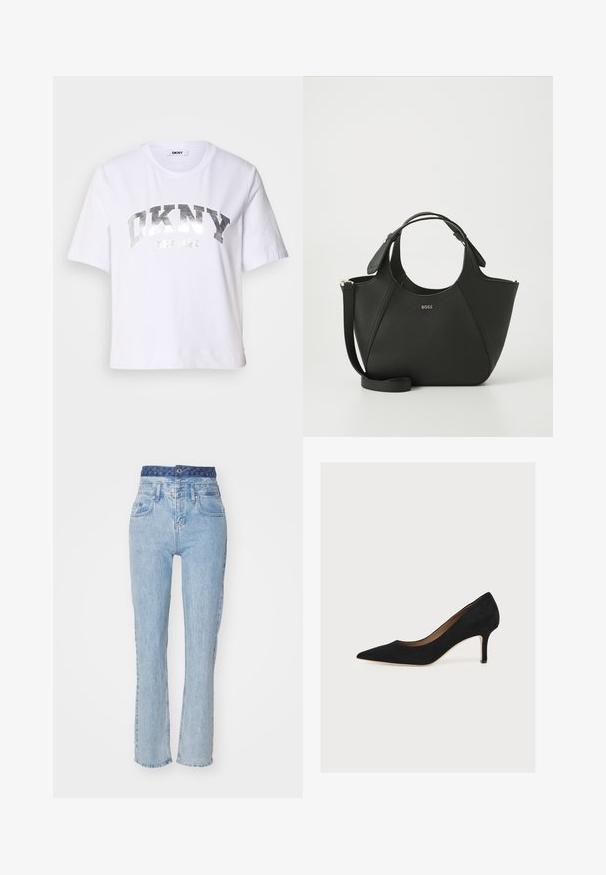 Camiseta corta blanca de algodón, con un estampado metálico plateado que dice "DKNY" y "New York" en letras grandes y en negrita.; Jeans de mezclilla azul claro con una cintura alta, piernas ligeramente acampanadas y una cinturilla de patrones azules. Presenta bolsillos frontales y un cierre de botón.; Zapato de salón negro de ante con punta afilada, tacón stiletto de altura media y suela interior color cuero claro sobre un fondo claro.; Bolso de mano de piel negra con superficie texturizada, diseño curvado, asas dobles y una correa desmontable. Presenta un logotipo de la marca en la parte frontal.