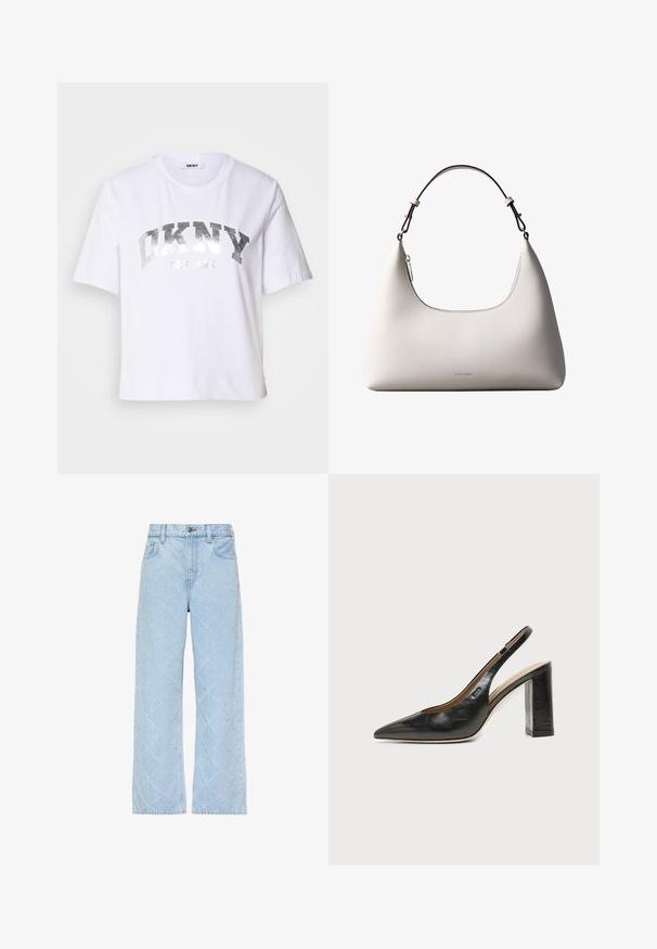 Hvid kortærmet T-shirt lavet af bomuld, med et sølvmetalisk print med "DKNY" og "New York" i fede, blokbogstaver.; Lyseblå denimjeans med høj talje og vide ben, med et diskret diamantquiltet mønster over det hele.; Sort læder peep-toe slingback sko med høj blokhæl og beige indvendig foring mod en ensfarvet lys baggrund.; Cremefarvet skuldertaske i læder fra Calvin Klein med buet topkant, sølvfarvet lynlås og mørkebrun justerbar rem.