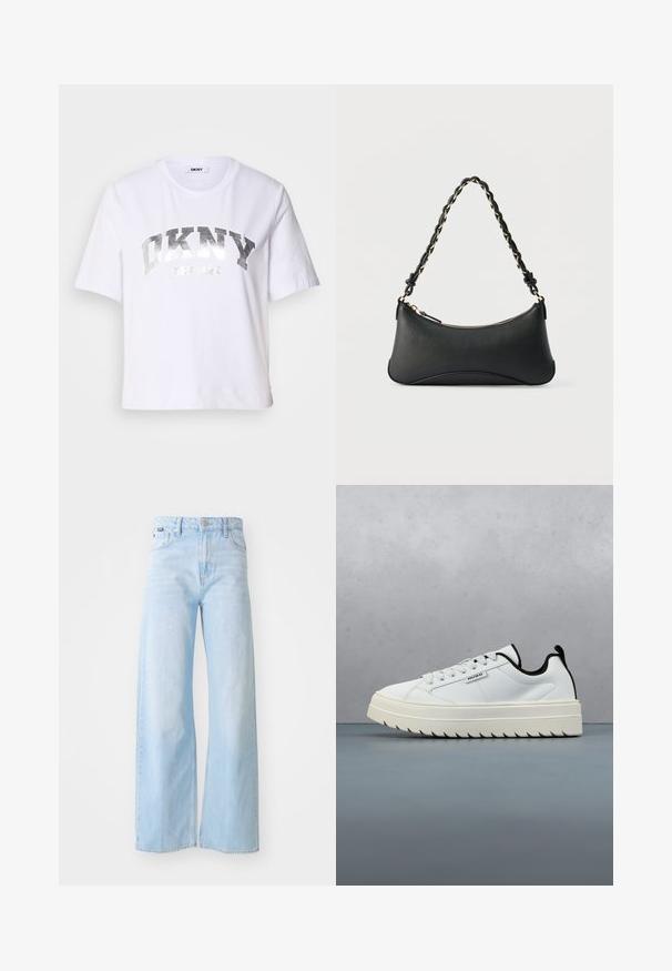 Witte cropped t-shirt gemaakt van katoen, met een zilverkleurige metallic opdruk met "DKNY" en "New York" in vette, blokletters.; Lichtblauwe wijde jeans gemaakt van denim, met een hoge taille, voorzakken, een knoopsluiting en gestikte zoomdetails.; Witte leren sneaker met een chunky, gestructureerde zool met een gezaagd ontwerp. Zwarte accenten op de hak en de tong zorgen voor contrast.; Zwarte lederen schoudertas met een gebogen rechthoekige vorm, gouden ketting verweven in een gevlochten zwarte band, en een ritssluiting bovenop.