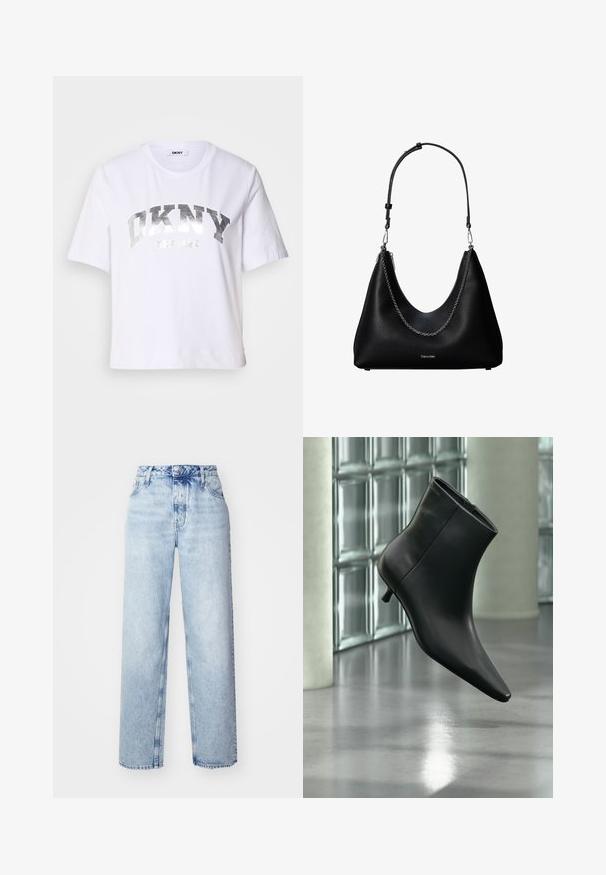 Weißes, kurzes T-Shirt aus Baumwolle mit einem silbernen Metallic-Druck, der "DKNY" und "New York" in fetten Blockbuchstaben zeigt.; Hellblaue High-Waist-Jeans mit lockerer Passform, geradem Bein, fünf Taschen und klassischem Knopf- und Reißverschluss.; Schwarzer Leder-Stiefelette mit spitzer Zehenpartie und niedrigem Kitten-Heel, schräg dargestellt vor einem polierten Boden und einer Glasbausteinwand.; Schwarze Lederhandtasche mit silberner Kettendetail und verstellbarem Schulterriemen, mit Calvin Klein Logo auf der Vorderseite.