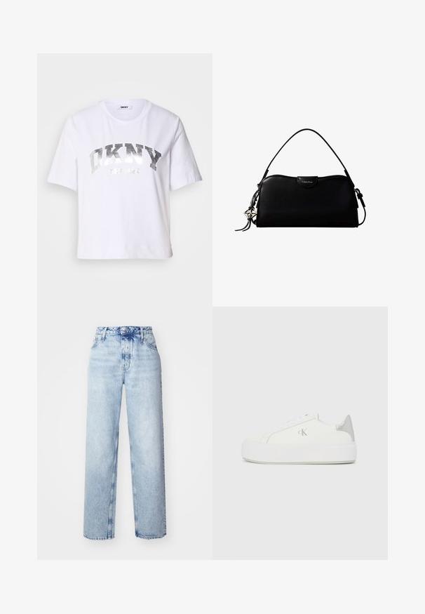 Camiseta corta blanca de algodón, con un estampado metálico plateado que dice "DKNY" y "New York" en letras grandes y en negrita.; Jeans de tiro alto color azul claro con un corte holgado, que cuentan con piernas rectas, cinco bolsillos y un cierre clásico de botones y cremallera.; Zapatillas de lona blancas con una suela blanca gruesa, presentan un acento metálico plateado en el talón y un sutil detalle del logo en el lateral.; Bolso rectangular negro de Calvin Klein con una única correa superior, dije con el logo plateado y un pequeño cierre de solapa en la parte frontal.