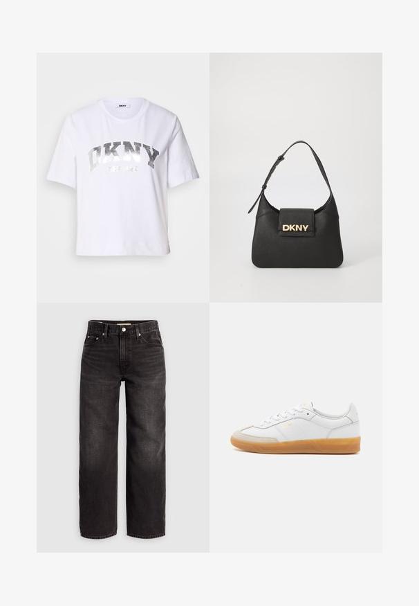 Biela skrátená tričko vyrobená z bavlny, s metalickým strieborným potlačou s nápismi "DKNY" a "New York" v tučných, blokových písmenách.; Levi's® BAGGY DAD - Džínsy baggy - shrink up; Biele kožené tenisky s béžovými semišovými detailmi, gumenou podrážkou a šiškami na viazanie. Obsahujú jemné značkovanie v zlatej farbe.; Čierna kožená taška na rameno so štruktúrovaným tvarom, s kultovým zlatým logom "DKNY" na prednej strane a krátkym, nastaviteľným popruhom.