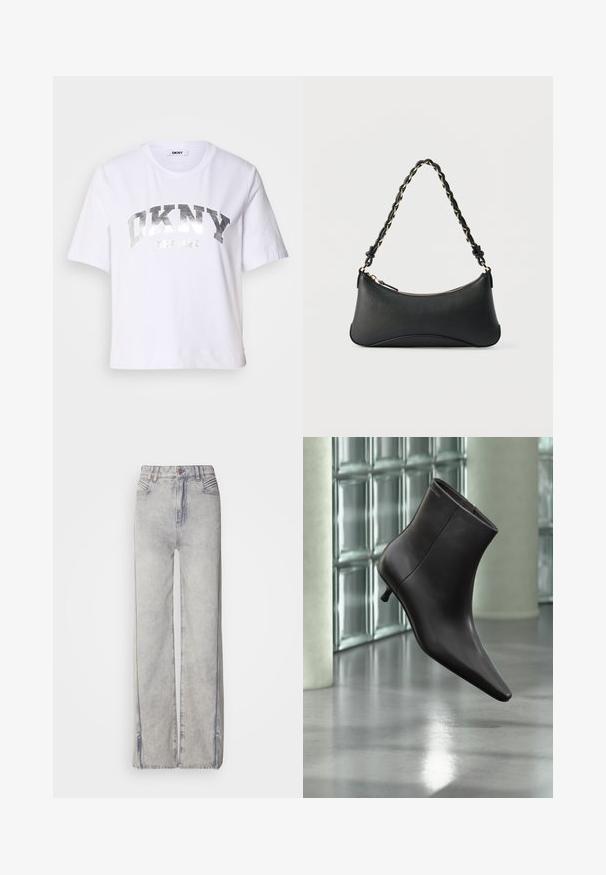 Hvid kortærmet T-shirt lavet af bomuld, med et sølvmetalisk print med "DKNY" og "New York" i fede, blokbogstaver.; Lyseblå vid-leg jeans lavet af denim med en falmet vask, der har lynlås, fem lommer og kontraststikning.; Sort læderankelstøvle med spids tå og lille hæl vist mod en væg af glasblokke og poleret gulv baggrund.; Sort skuldertaske i læder med en buet rektangulær form, gyldent kæde vævet ind i en flettet sort rem og toplynlås.