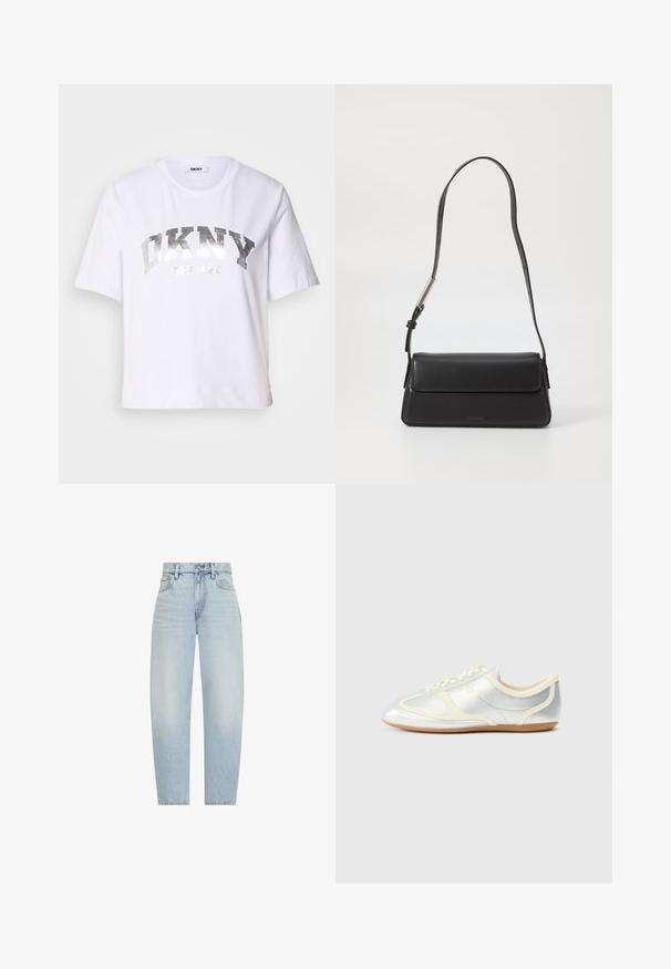 Camiseta corta blanca de algodón, con un estampado metálico plateado que dice "DKNY" y "New York" en letras grandes y en negrita.; Vaqueros azul claro de tiro alto y pernera recta con botón frontal, cierre de cremallera, trabillas para cinturón y bolsillos delanteros y traseros.; Zapatillas sintéticas plateadas con detalles en crema, perfil bajo, puntera redonda y suela de goma plana; cuentan con costuras clásicas y cierre de cordones.; Bolso de mano de cuero negro con forma rectangular y solapa plegable. Presenta una correa delgada y una marca mínima en la parte delantera.