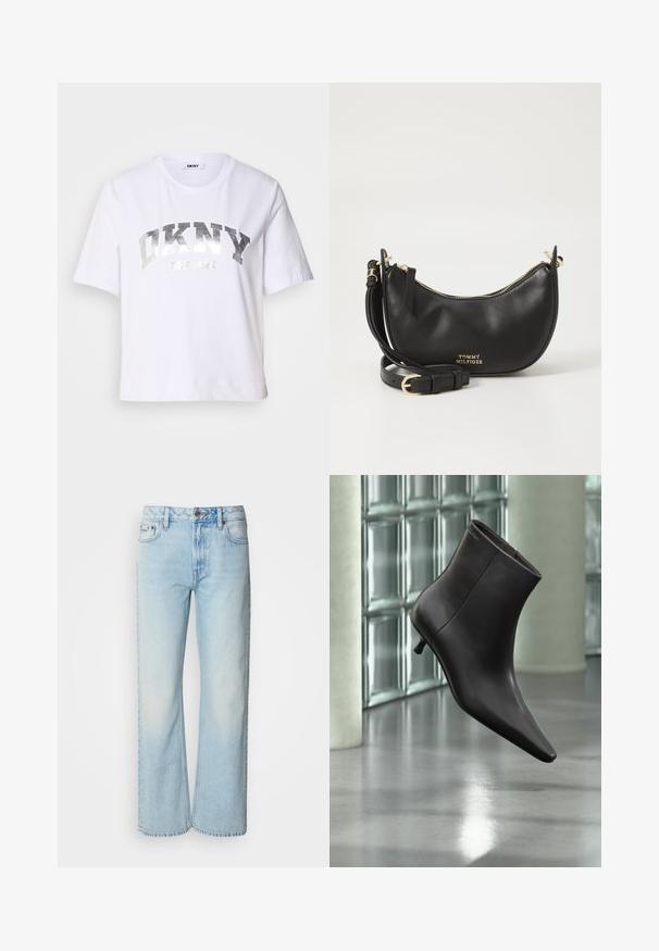 Witte cropped t-shirt gemaakt van katoen, met een zilverkleurige metallic opdruk met "DKNY" en "New York" in vette, blokletters.; Lichtblauwe wijde jeans van denim, voorzien van een klassiek vijf-pocket ontwerp en een subtiele vervaagde textuur. Denimstiksels zijn zichtbaar.; Zwarte leren enkellaars met puntige neus en lage hak, afgebeeld tegen een glazen blokkenmuur en gepolijste vloer op de achtergrond.; Zwarte leren schoudertas met een ronde vorm, goudkleurige rits en logo-detail op de voorkant. Inclusief verstelbare schouderband.