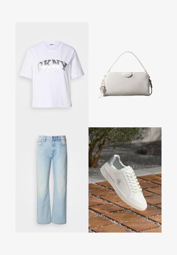 Hvid kortærmet T-shirt lavet af bomuld, med et sølvmetalisk print med "DKNY" og "New York" i fede, blokbogstaver.; Lyseblå brede jeans lavet af denim med et klassisk fem-lomme design og en subtil falmet tekstur. Denim-syninger er synlige.; Hvide lavtop sneakers med et glat materiale, snørebånd og en sølvaccent på hælen. Har et diskret prægtet logo på siden.; Hvid rektangulær Calvin Klein håndtaske med enkelt håndtag, minimalistisk design og dekorative kvaster med geometrisk metalvedhæng på siden.
