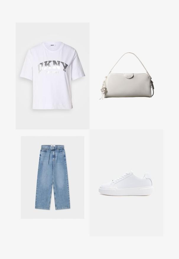 Hvid kortærmet T-shirt lavet af bomuld, med et sølvmetalisk print med "DKNY" og "New York" i fede, blokbogstaver.; Lyseblå vidde denimbukser med høj talje, knap- og lynlåslukning, forlommer og et tyndt snørebåndsbindebælte.; Hvid lavtop-sneaker med snørelukning, tyk sål og glat overdel, vist fra ydersiden mod en ensartet lys baggrund.; Hvid rektangulær Calvin Klein håndtaske med enkelt håndtag, minimalistisk design og dekorative kvaster med geometrisk metalvedhæng på siden.