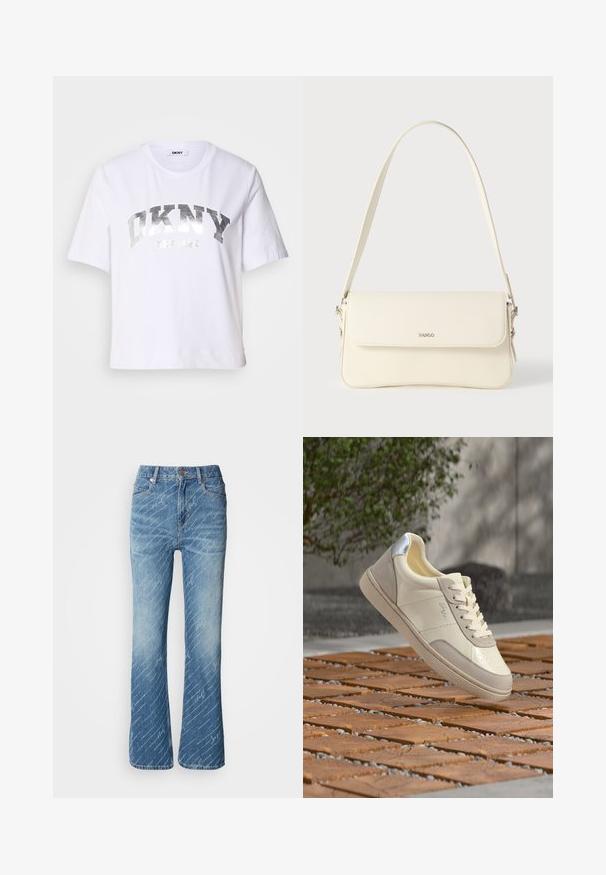Hvid kortærmet T-shirt lavet af bomuld, med et sølvmetalisk print med "DKNY" og "New York" i fede, blokbogstaver.; Flares jeans i blå denim med lys vask, diagonalt hvidt tekstmønster, fem-lomme design og metalknap lukning.; Beige og cremefarvet sneaker med sølv hældetalje, snørebånd bundet, placeret over en flisebelagt træs overflade med sløret grønt område og væg i baggrunden.; Cremefarvet læder skuldertaske med flaplukning, sølvfarvet beslag, en enkelt justerbar rem og diskrete logodetaljer.