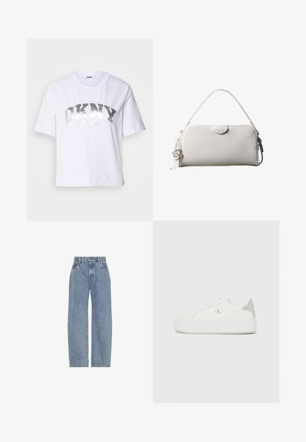 Hvid kortærmet T-shirt lavet af bomuld, med et sølvmetalisk print med "DKNY" og "New York" i fede, blokbogstaver.; Lysblå jeans i høj talje med lige, brede ben, forlommer, bæltestropper og lukning med knap og lynlås.; Hvide lærredssneakers med en tyk hvid sål, prydet med en metallic sølvaccent på hælen og en diskret logo-detalje på siden.; Hvid rektangulær Calvin Klein håndtaske med enkelt håndtag, minimalistisk design og dekorative kvaster med geometrisk metalvedhæng på siden.
