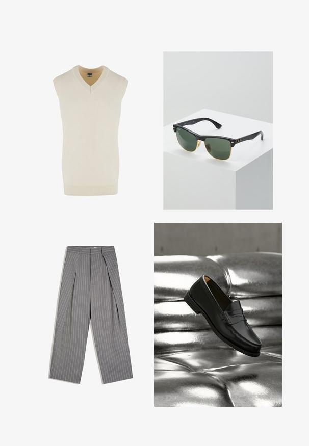 Pull en crème sans manches avec un décolleté en V, fabriqué en tissu tricot doux. Il présente un col et un ourlet inférieur côtelés, avec une coupe droite.; Pantalon gris à jambes larges avec fines rayures blanches et plis à l'avant, avec une taille haute et des passants pour ceinture.; Mocassin en cuir noir flottant au-dessus d'un canapé en cuir argenté brillant matelassé à boutons dans un décor minimaliste.; Lunettes de soleil Ray-Ban avec des verres verts, monture en plastique noir et accents dorés sur les bords. Forme carrée avec une finition mate.