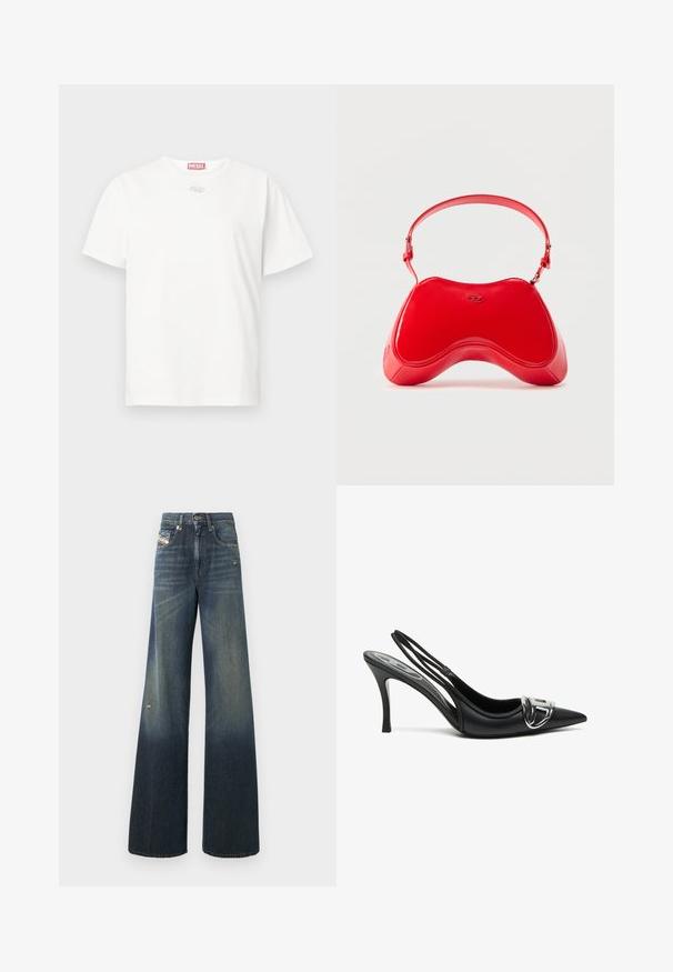 T-shirt en coton blanc avec un col rond, des manches courtes et un petit logo argenté sur le devant. Design simple et épuré.; Jean en denim à jambes larges de couleur bleu foncé avec une finition délavée, présentant un genou usé et un design classique à cinq poches avec une étiquette.; Talons hauts slingback noirs avec un embout pointu, présentant un détail de boucle en argent brillant et un talon fin. Texture en cuir lisse, design minimaliste.; Sac en cuir verni rouge avec une forme incurvée et ergonomique, doté d'une fine sangle réglable et d'un discret logo sur le devant.