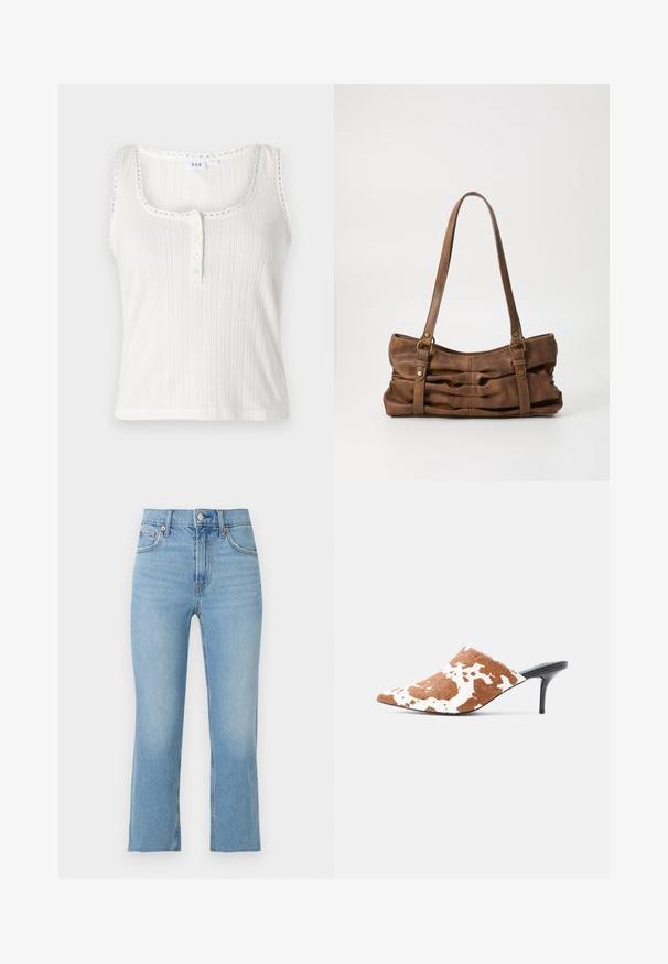 Débardeur blanc côtelé avec une encolure dégagée, un bord festonné et une patte de boutonnage à cinq boutons. Présente des rayures verticales texturées.; Jean en denim bleu clair avec coupe droite, fermeture par boutons à l'avant, passants de ceinture et cinq poches sur un fond blanc uni.; Mule à bout pointu avec dessus imprimé motif vache marron et blanc et talon aigu slim noir sur fond gris clair.; Even&Odd Sac à main - brown
