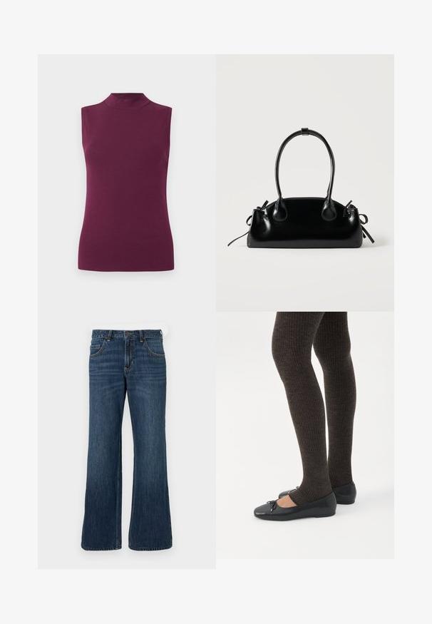 Haut sans manches de couleur prune, à col haut et silhouette ajustée sur fond blanc uni.; Jean large bleu foncé avec une conception classique à cinq poches, doté d'une fermeture à bouton et de légères décolorations. Fabriqué en tissu denim.; Jambes portant des leggings côtelés foncés associés à des ballerines noires avec de petits détails en nœud sur fond blanc.; Petit sac à main noir brillant avec deux longues anses et des détails à cordon sur les côtés sur un fond clair uni.
