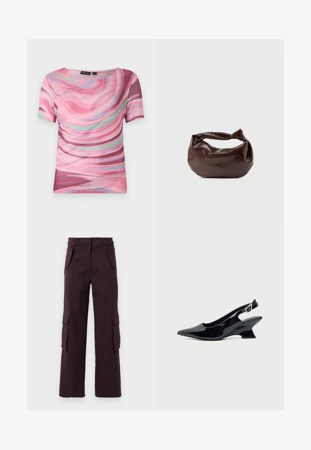 T-shirt à manches courtes avec un motif en tourbillon rose et violet, en tissu léger avec un col rond et une coupe ajustée.; Pantalons cargo straight-leg de couleur violet foncé avec des poches à rabat sur les côtés, des poches avant inclinées et des passants de ceinture à la taille.; Chaussure slingback en cuir verni noir avec bout pointu et petit talon bloc incliné sur fond clair uni.; Sac bandoulière en cuir marron foncé avec une forme souple et décontractée et une anse nouée torsadée sur un fond blanc uni.