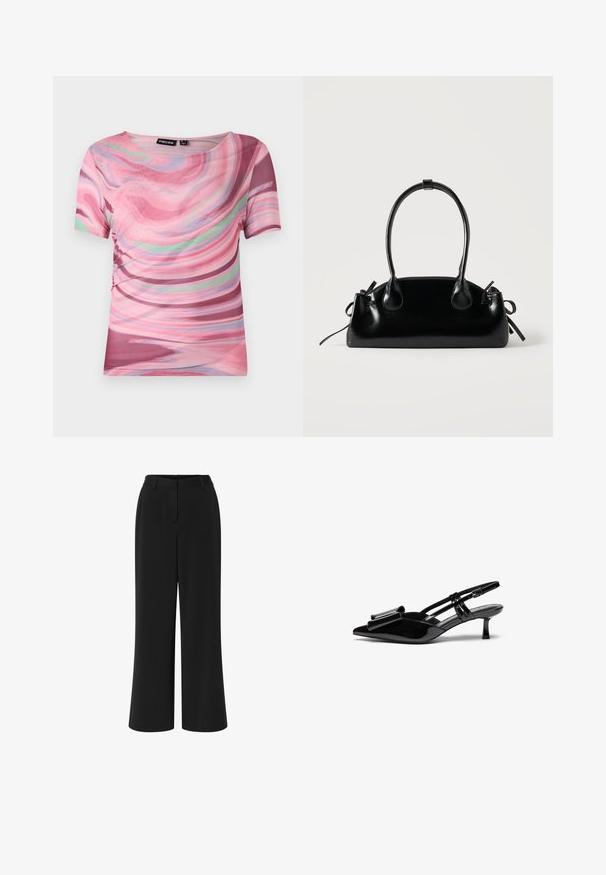 Kurzarm-T-Shirt mit einem rosa und lila Wirbelmuster, aus leichtem Stoff mit einem runden Ausschnitt und elastischem Schnitt.; Schwarze Schlaghosen aus glattem Stoff. Mit flachem Frontdesign, Bündchen mit Gürtelschlaufen und zwei seitlichen Taschen.; Schwarze Lackleder-Slingbacks mit spitzer Zehenpartie, einer Schleifendetail an der Vorderseite und einem kleinen Stiletto-Absatz. Die Riemen haben verstellbare Schnallen.; Kleine schwarze glänzende Handtasche mit zwei langen Griffen und seitlichen Kordelzug-Details vor einfachem hellem Hintergrund.