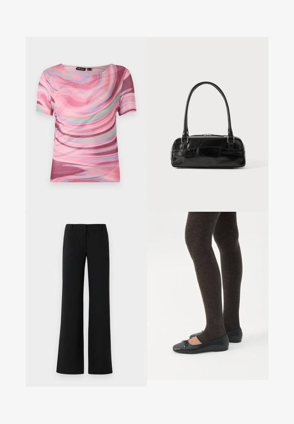 Camiseta de manga corta con un patrón en espiral rosa y púrpura, hecha de tejido ligero con cuello redondo y un ajuste elástico.; Pantalones de pierna ancha negros, confeccionados con una tela suave. Presenta una parte frontal plana con passadores para cinturón y una silueta ajustada. Sin patrones ni acentos visibles.; Piernas con leggings oscuros acanalados combinados con bailarinas negras que presentan pequeños detalles de lazo sobre un fondo blanco.; Bolso de mano de cuero negro con forma rectangular, equipado con un asa estructurada, herrajes en plata y cierre de cremallera. Textura suave.