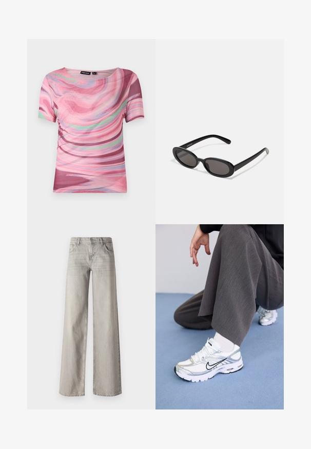 Camiseta de manga corta con un patrón en espiral rosa y púrpura, hecha de tejido ligero con cuello redondo y un ajuste elástico.; Jeans de pierna ancha en gris claro, hechos de denim, con un diseño de cinco bolsillos, cierre frontal con botón y una textura ligeramente desgastada.; Zapatillas deportivas blancas y plateadas con materiales de malla y sintéticos, con líneas de acento negras, cordones y suelas texturizadas.; Even&Odd Gafas de sol - black