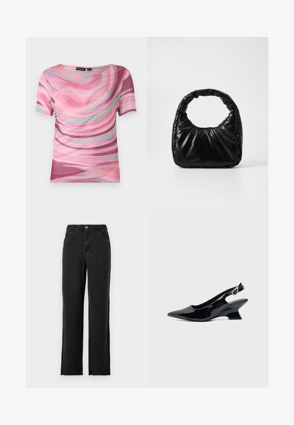 Kurzarm-T-Shirt mit einem rosa und lila Wirbelmuster, aus leichtem Stoff mit einem runden Ausschnitt und elastischem Schnitt.; Schwarze, strukturierte Schlagjeans mit vorderen Taschen und einem Knopfverschluss auf einem einfarbigen Hintergrund.; Schwarzer Slingback-Schuh aus Lackleder mit spitzer Spitze und niedrigem, schrägem Blockabsatz auf einfachem hellem Hintergrund.; Schwarze gepolsterte Handtasche mit einem runden Griff, die eine glatte, glänzende Oberfläche und eine weiche, gestepfte Textur aufweist. Keine sichtbare Hardware oder Akzente.