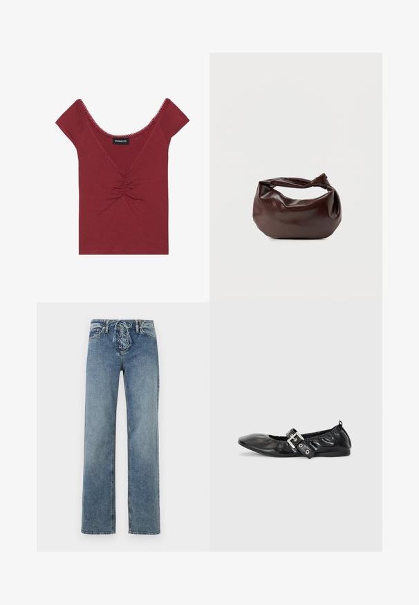 Haut ajusté mauve à manches courtes, décolleté en forme deU, détail froncé au centre et finitions festonnées le long du décolleté et des manches.; Jean en denim bleu avec jambes droites et fermeture avant à lacets avec œillets en métal, présenté sur un fond blanc.; Chaussure plate en cuir noir avec un nez pointu, des détails froncés autour de l'ouverture et un accent en boucle argentée sur la bride ajustable.; Sac bandoulière en cuir marron foncé avec une forme souple et décontractée et une anse nouée torsadée sur un fond blanc uni.