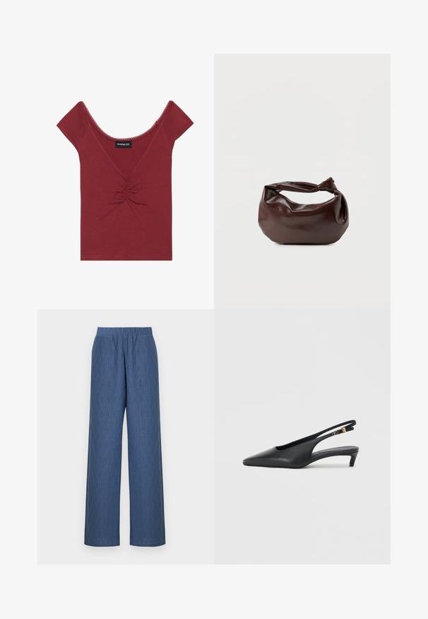 Haut ajusté mauve à manches courtes, décolleté en forme deU, détail froncé au centre et finitions festonnées le long du décolleté et des manches.; Pantalon large à motifs bleus avec une ceinture élastique, confectionné dans un tissu doux et texturé avec un motif ondulé sur toute la surface.; Des escarpins à talon ouvert noirs avec un bout pointu, une texture en cuir lisse, un petit talon aiguille, et une sangle avec un accent de boucle en métal.; Sac bandoulière en cuir marron foncé avec une forme souple et décontractée et une anse nouée torsadée sur un fond blanc uni.