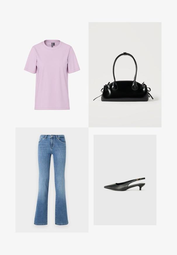 T-shirt à manches courtes violette claire avec col rond et étiquette de marque "PIECES" à l'intérieur du col, présenté sur un fond blanc.; Jeans évasés bleu clair en denim, avec cinq poches, fermeture éclair à l'avant et bouton. Motif délavé sur les cuisses et l'ourlet.; Chaussure slingback noire à bout pointu en cuir lisse. Présente un talon fin et un détail de boucle sur la sangle réglable.; Petit sac à main noir brillant avec deux longues anses et des détails à cordon sur les côtés sur un fond clair uni.
