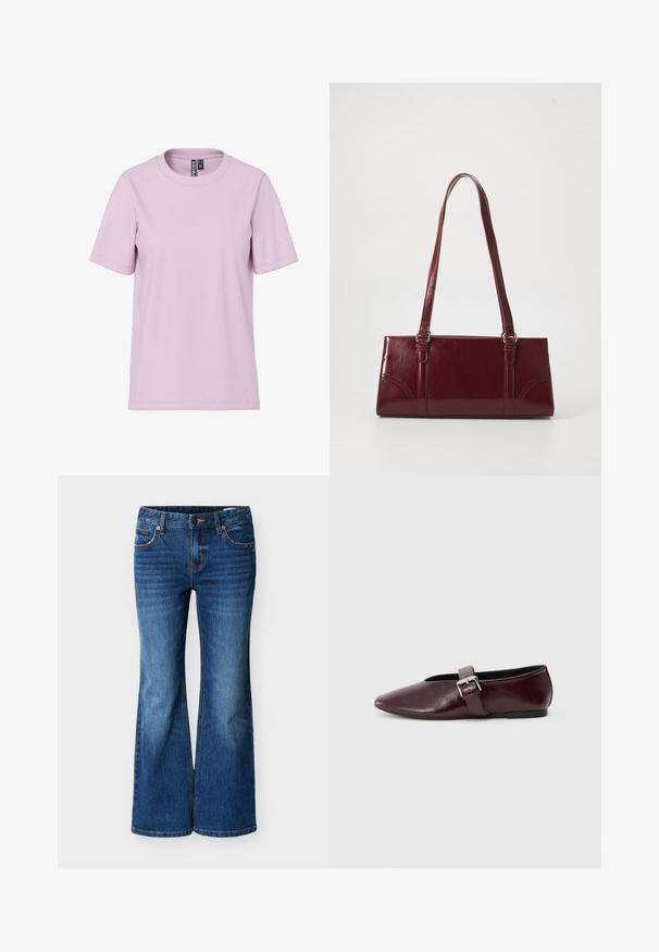 T-shirt à manches courtes violette claire avec col rond et étiquette de marque "PIECES" à l'intérieur du col, présenté sur un fond blanc.; Jean évasé bleu en denim, avec une taille mi-haute, un design à cinq poches et des coutures contrastantes le long des coutures.; Ballerines en cuir bordeaux avec un bout pointu, une semelle plate et une sangle décorative avec boucle sur le cou-de-pied. Texture lisse et brillante.; Sac à main bordeaux en matériau brillant, de forme rectangulaire, avec deux anses et des accents légèrement courbés à l'avant.