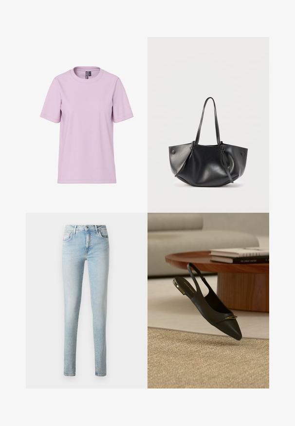 T-shirt à manches courtes violette claire avec col rond et étiquette de marque "PIECES" à l'intérieur du col, présenté sur un fond blanc.; Jeans en denim bleu clair avec une coupe slim, design à cinq poches, passants de ceinture classiques et fermeture éclair avec un bouton. ; Chaussure plate slingback en cuir noir à bout pointu avec un accent doré sur le bout et le talon, placée près d'une table basse ronde en bois et d'un tapis beige.; Sac à bandoulière en cuir noir avec deux longues anses, une forme arrondie et souple, et des détails à boutons de chaque côté.
