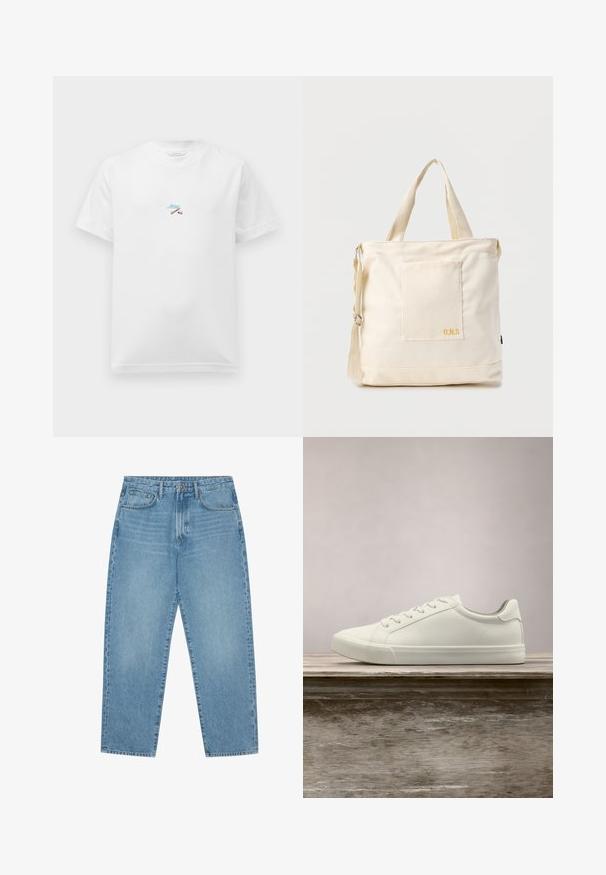 Witte T-shirt met korte mouwen, versierd met kleine kleurrijke borduurwerk van gekruiste stokken en blauwe cursieve tekst in het midden van de borst.; Lichtblauwe denim jeans met een rechte pijp, vijfzakkenontwerp en een licht verweerde look. Voorzien van een knoop- en ritssluiting.; Witte vetersneaker die boven een houten bank zweeft met groene bladeren op de achtergrond, waarbij het ontwerp en de textuur van de schoen worden getoond.; Crèmekleurige canvas boodschappentas met voorvak, twee handvatten, verstelbare schouderriem en kleine gele "O.N.S" tekst rechtsonder op het vak.