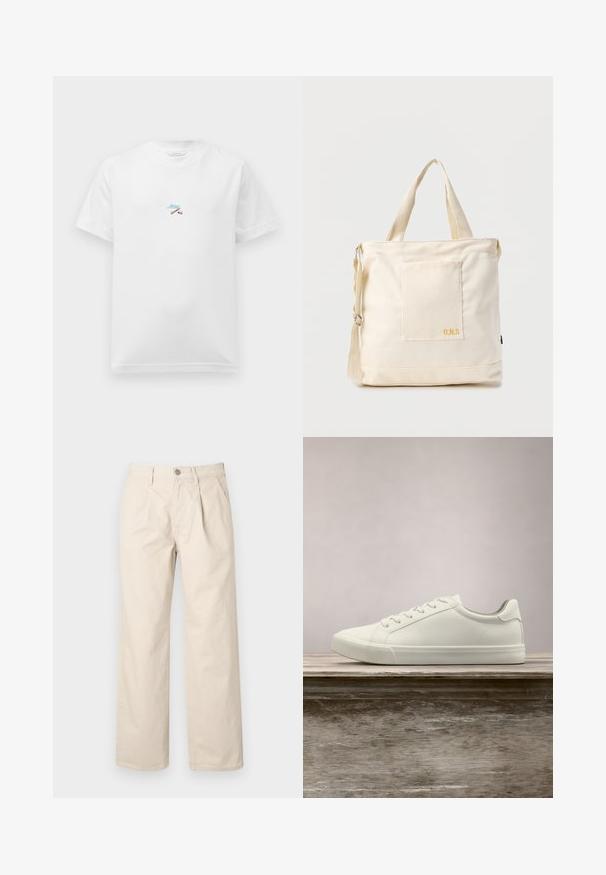 Weißes Kurzarm-T-Shirt mit kleiner, bunter Stickerei von gekreuzten Stöcken und blauer, kursiver Schrift in der Mitte der Brust.; Beige weit geschnittene Hose mit hoher Taille, Frontfalten, einem vorderen Knopfverschluss und einem glatten Baumwollstoff.; Weiße Schnürsneaker, die über einer Holzbank mit grünem Laub im Hintergrund schweben und das Schuhdesign sowie die Textur zeigen.; Beige Canvas-Shopper mit Fronttasche, zwei Griffen, verstellbarem Schulterriemen und kleinem gelbem "O.N.S"-Text unten rechts auf der Tasche.