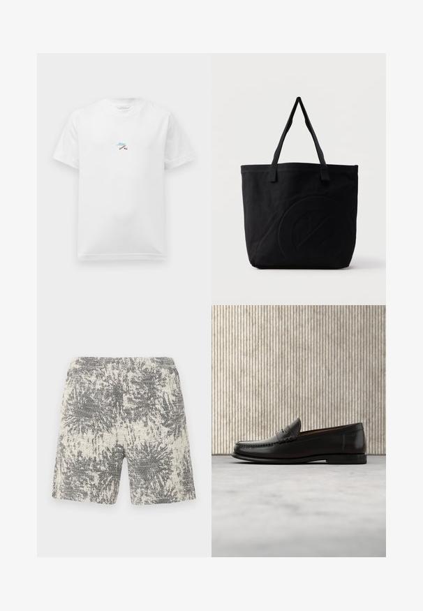 Hvid T-shirt med korte ærmer og små farverige broderier af krydsede stænger samt blå kursiv tekst centreret på brystet.; Strikshorts i creme og sort med et struktureret, abstrakt mønster. Elastisk talje for komfort og nem påklædning.; Sort læder penny loafer med lav hæl, rundet tå og syningsdetaljer langs fronten og siderne, vist på neutral baggrund.; Sort canvas-tote-taske med to skulderstropper og et diskret præget cirkeldesign på fronten.