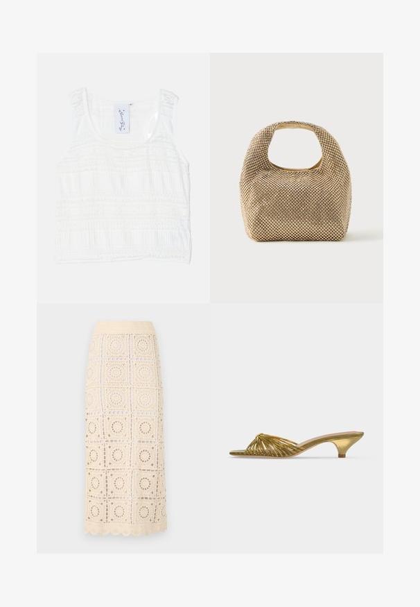 Top sans manches blanc en tissu texturé, présentant des motifs à rayures horizontales. Bretelles réglables et encolure ronde avec des coutures détaillées.; Malina KAHLO - Jupe longue - cream; Mule dorée à bout ouvert avec lanières, petit talon kitten et design noué sur fond blanc uni.; Petit sac à main doré recouvert de clous ronds brillants avec une poignée courte et une découpe rectangulaire en haut.