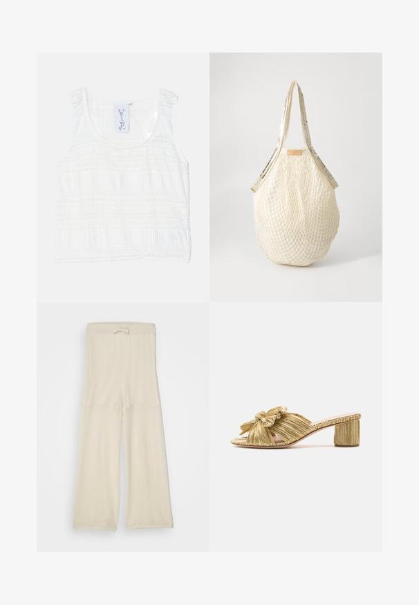 Top sans manches blanc en tissu texturé, présentant des motifs à rayures horizontales. Bretelles réglables et encolure ronde avec des coutures détaillées.; Pantalons large en maille beige clair avec une taille élastiquée, présentant une coupe ample et une surface texturée. Idéal pour un style décontracté.; Sandale à glissière plissée dorée avec un détail de nœud, bout ouvert et un talon bloc texturé. Présente une semelle plate et un intérieur lisse.; Sac en filet couleur crème avec un design tissé texturé et des anses dorées brillantes. Une étiquette en cuir avec le logo de la marque est attachée en haut.