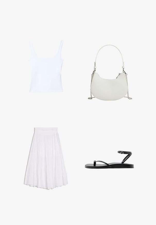 Top court blanc sans manches avec encolure carrée, larges bretelles et silhouette ajustée.; Jupe midi blanche à volants avec une large ceinture et un tissu froncé créant une silhouette fluide et volumineuse.; Sandale plate noire avec fines lanières, boucle pour l’orteil et bride de cheville avec une petite boucle ronde, vue de profil.; Sac à main synthétique blanc de forme courbée, avec une bandoulière en chaîne et un design minimaliste. Texture lisse avec des accents en métal argenté.
